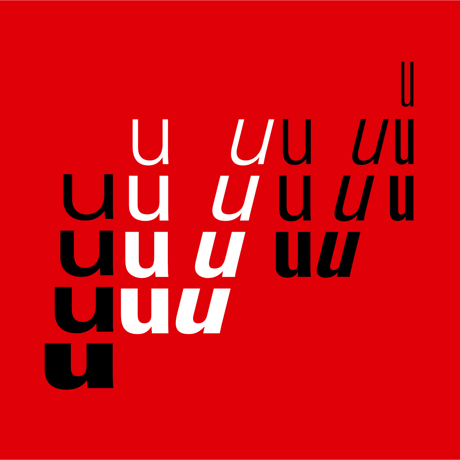 Univers type family: weight and italic variations of the letter u