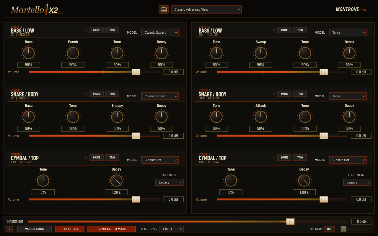 MartelloX2 full dark interface with six voices in Classic Advanced View