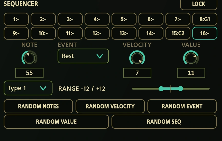 Random Notes, Random Velocity, Random Event, Random Value and Random Seq in the actual interface