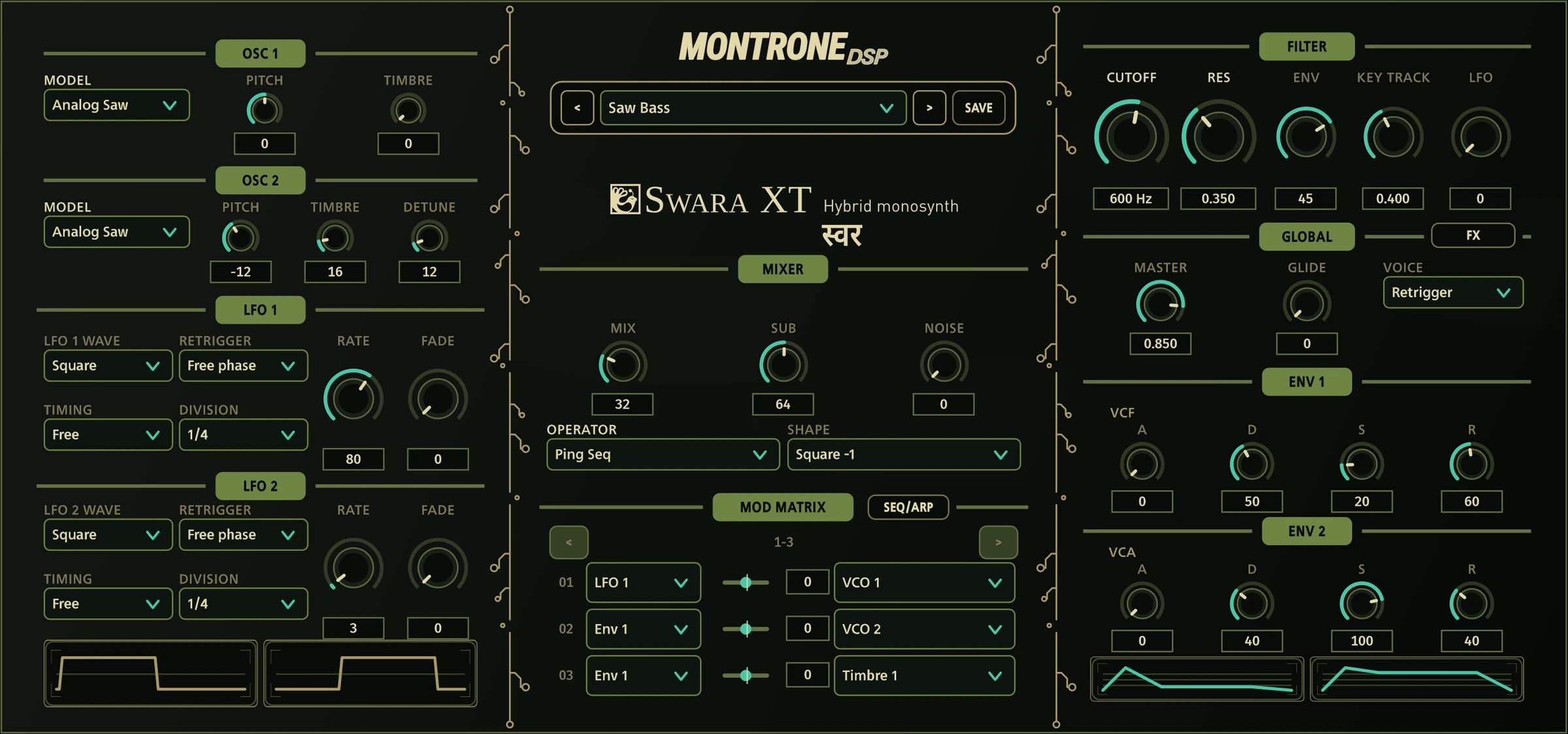 SWARA XT in Jungle: two oscillators, filter, mixer and modulation matrix