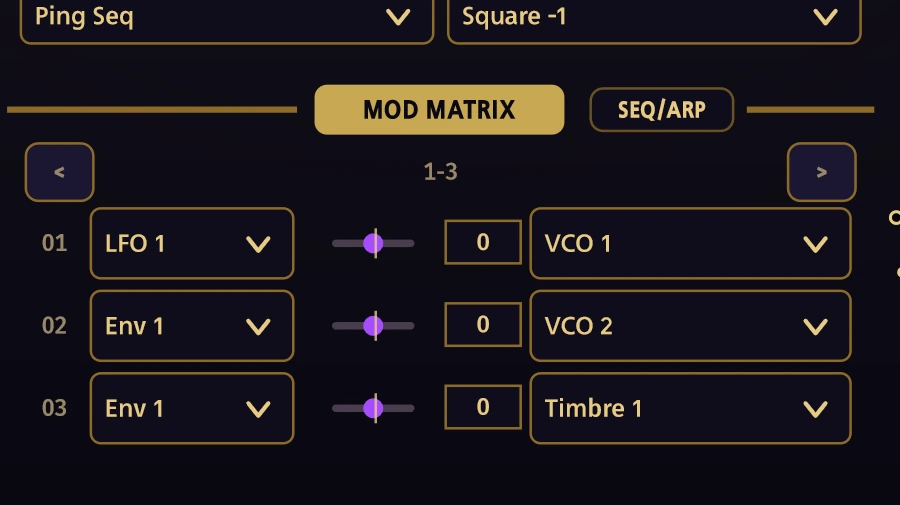 Modulation matrix, showing the first three of twelve routes