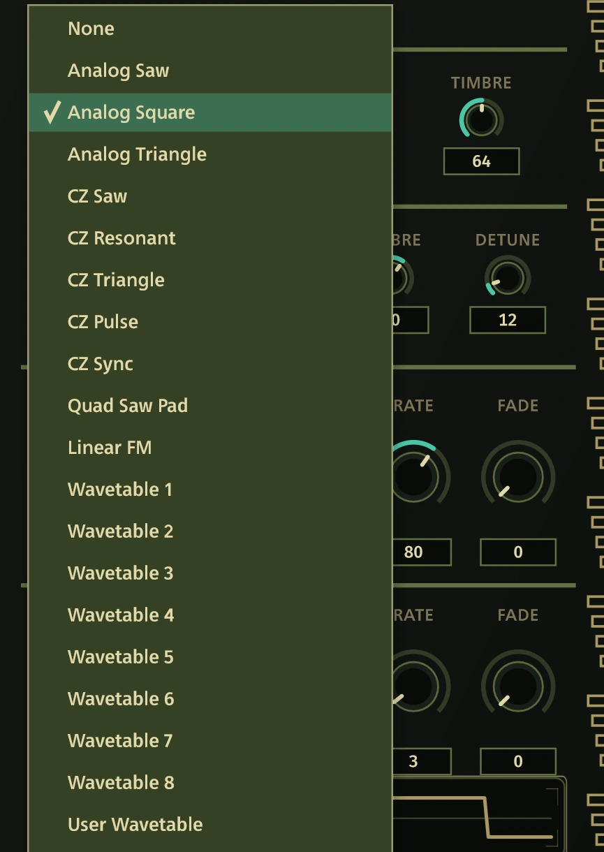 The real oscillator menu, with analog, CZ, FM and wavetable choices