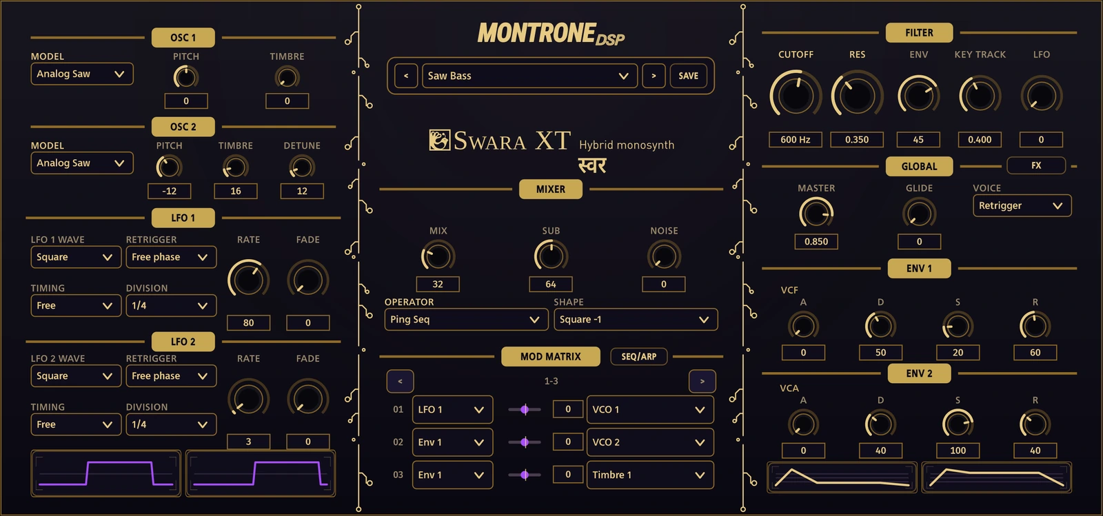 SWARA XT — Midnight Gold skin, MontroneDSP mark