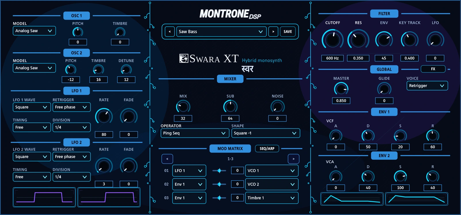 SWARA XT — Neon Cobalt skin, MontroneDSP mark